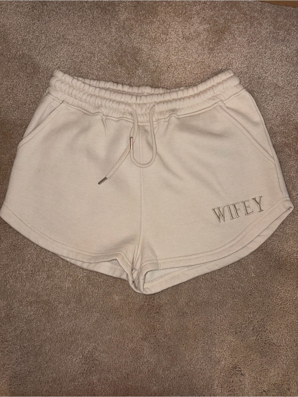 Wifey Embroidered High-Rise Athletic Shorts - Cream
